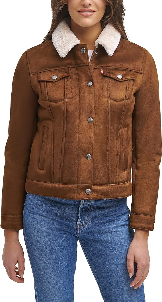 Levi's Women's Classic Sherpa Lined Trucker Jacket (Standard & Plus Sizes), Cognac Faux Shearling, Medium Levis-Womens-Classic-Sherpa-Lined-Trucker-Jacket-dark-brown