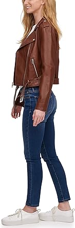 Levi's Women's Faux Leather Belted Motorcycle Jacket (Standard & Plus Sizes)2 Levis-Womens-Faux-Leather-Belted-Motorcycle-Jacket-dark-brown-side-pose